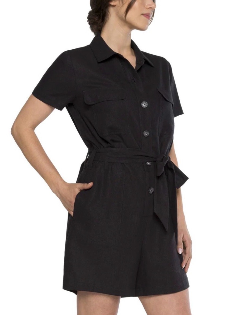 MATTY M Women's Linen Blend Belted Button Front Romper